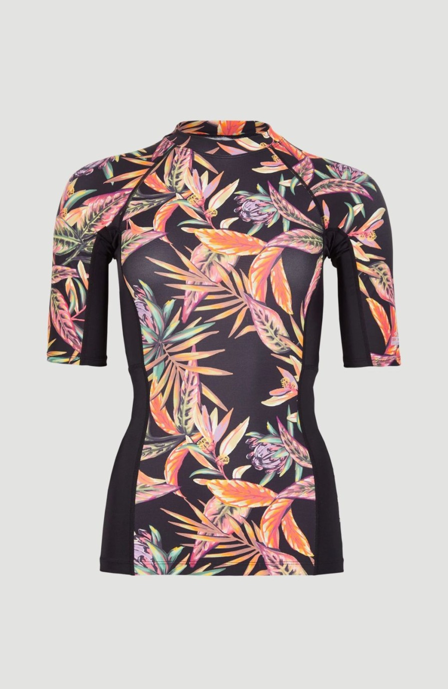 * O'Neill Anglet Skin Short Sleeve Black Tropical Flower Swim Wear