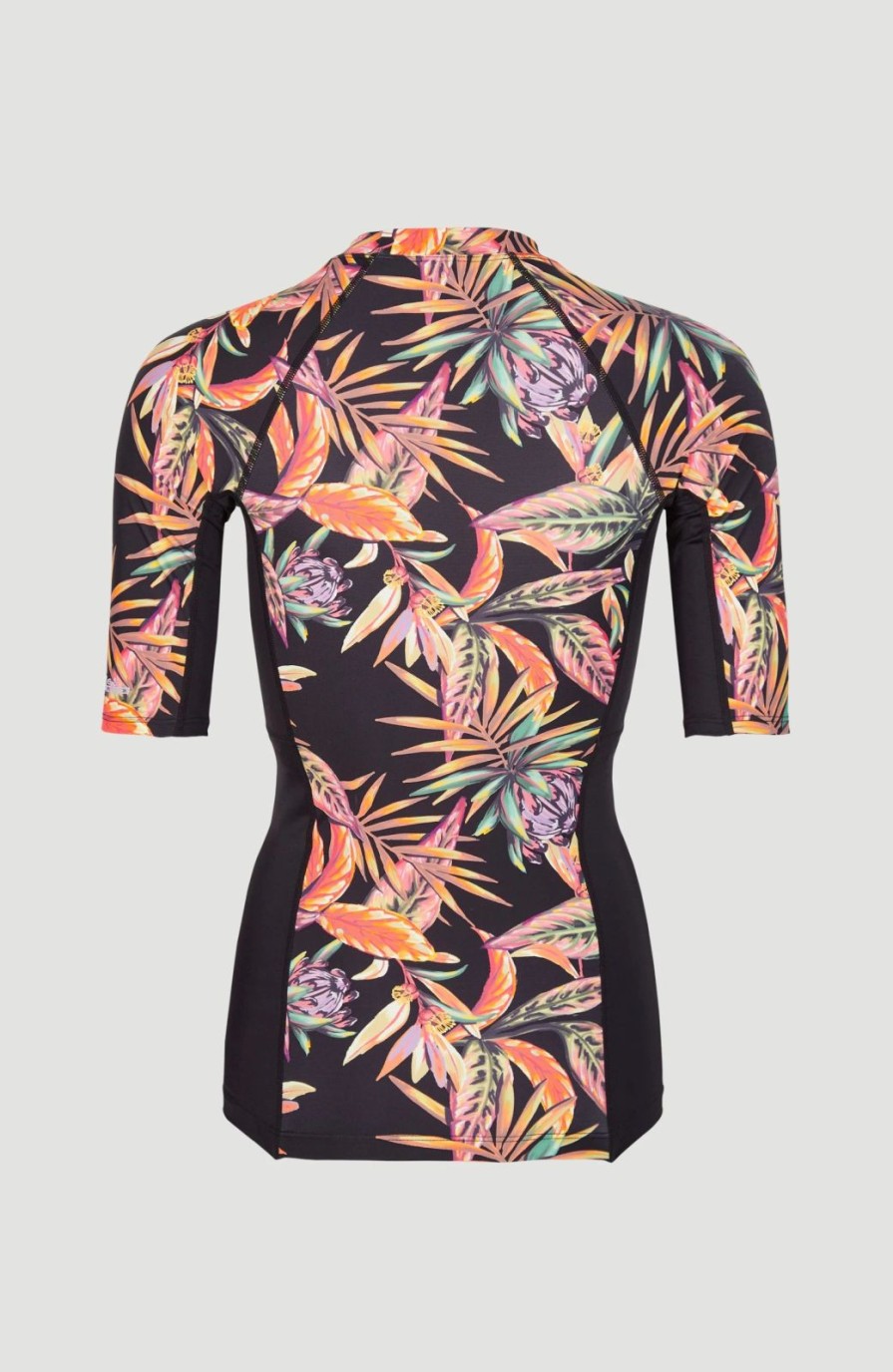 * O'Neill Anglet Skin Short Sleeve Black Tropical Flower Swim Wear