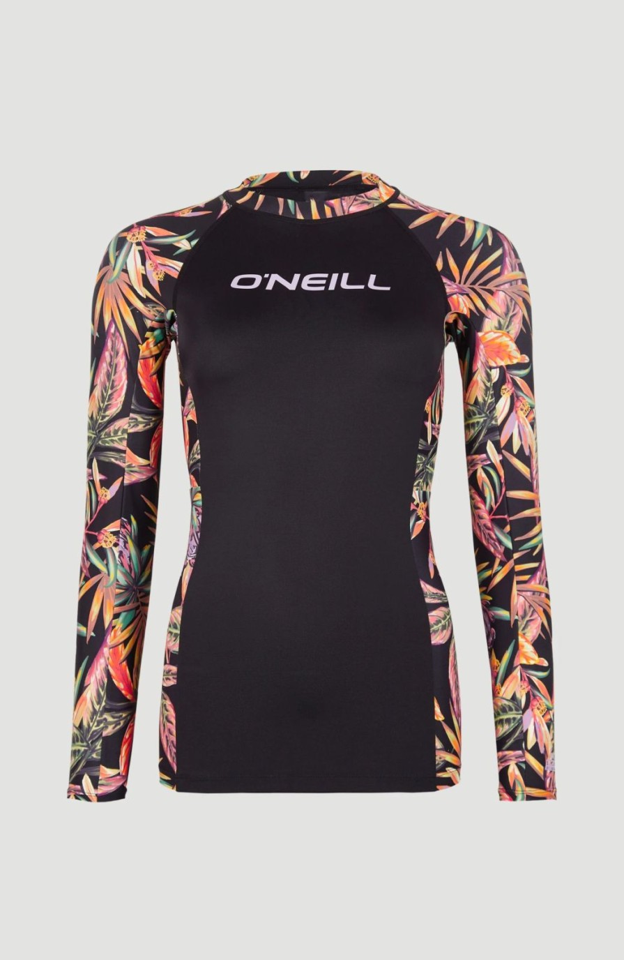 * O'Neill Anglet Skin Long Sleeve Black Tropical Flower Swim Wear