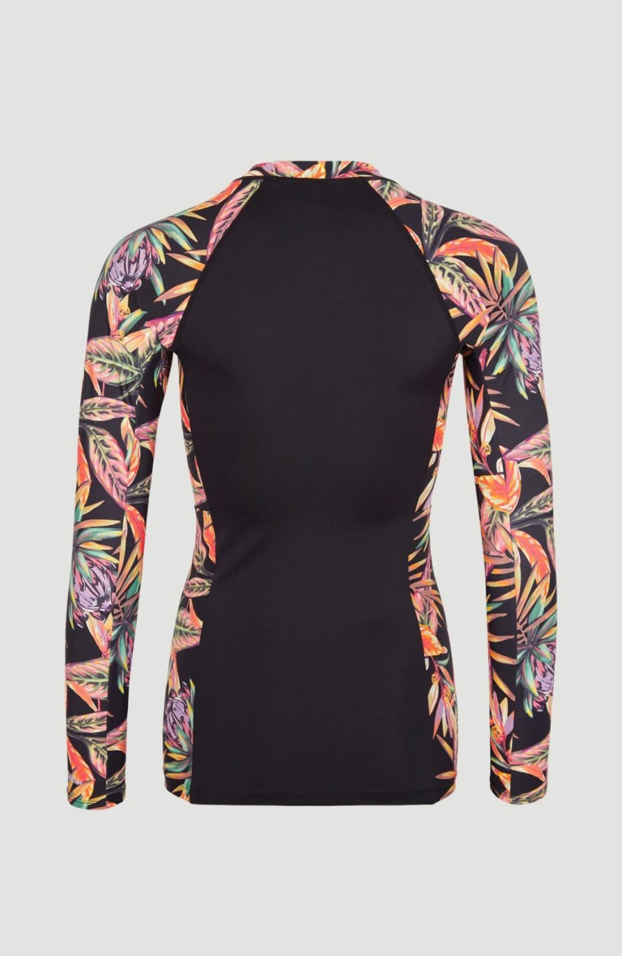 * O'Neill Anglet Skin Long Sleeve Black Tropical Flower Swim Wear